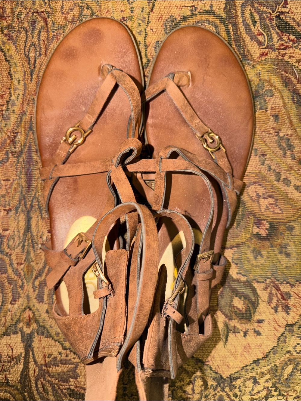 GBG Los Angeles Brown Leather Gladiator Sandals with Gold Accents